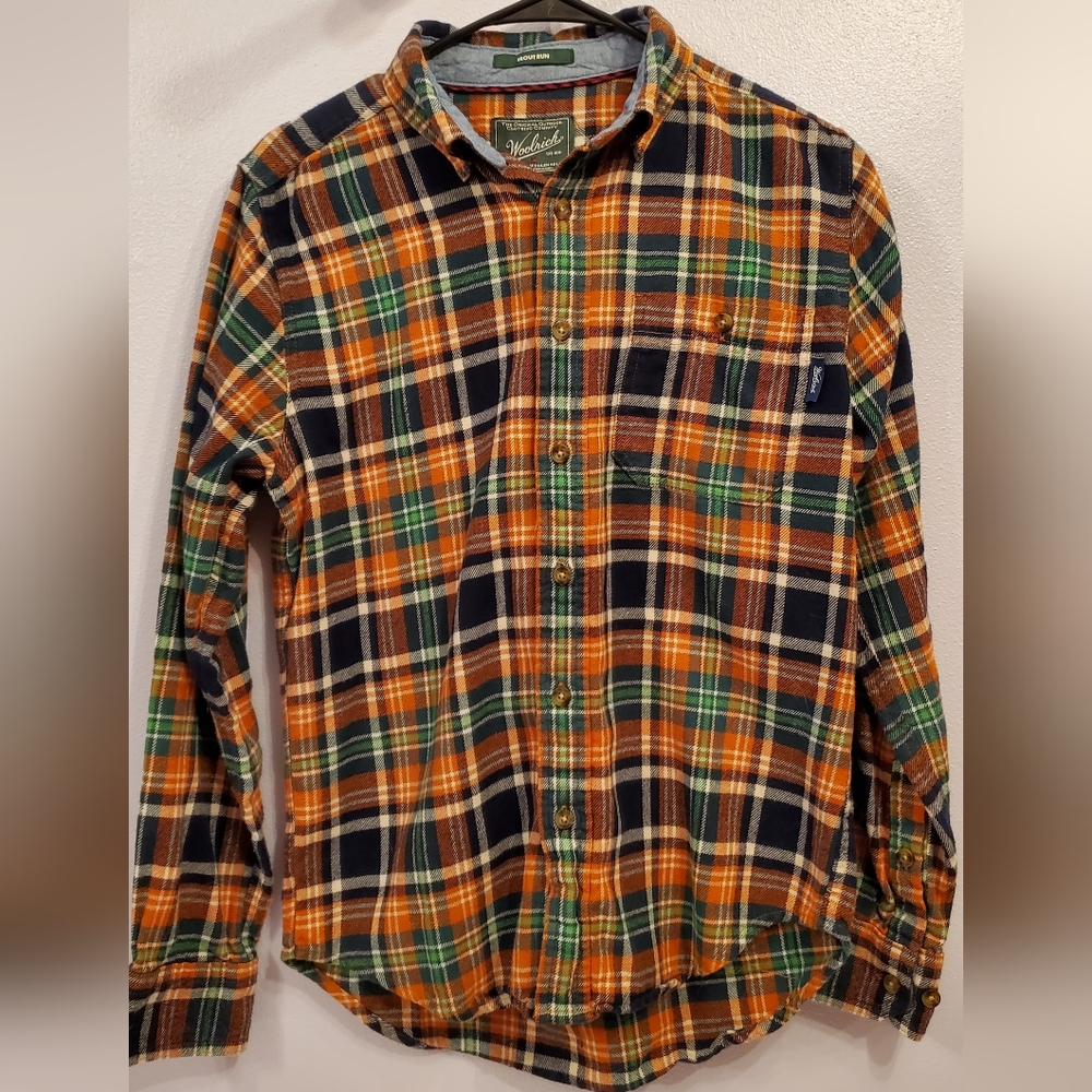 Woolrich Men's Small Trout Run Orange, Green, Blue Plaid Flannel buttoned collar